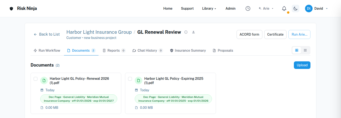 Risk Ninja documents view automatically showing the carrier, policy number, and effective dates it read from two uploaded policies